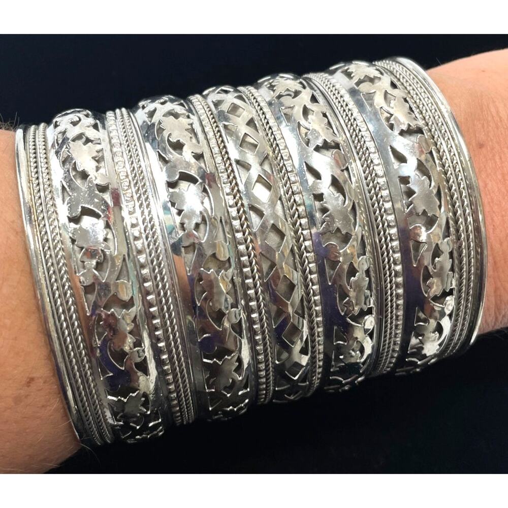 Unmarked Large Open Silvertone Cuff Scroll Cutout - image 1